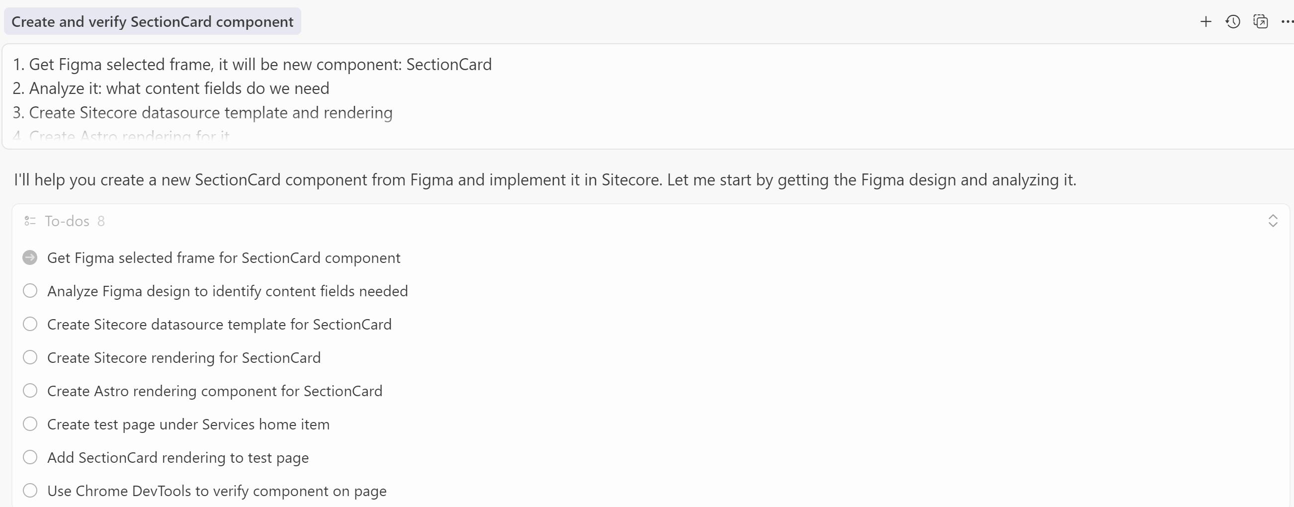 Cursor AI agent showing the execution plan for creating the Sitecore component