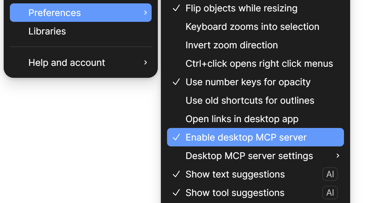 Figma MCP menu showing how to start the MCP server