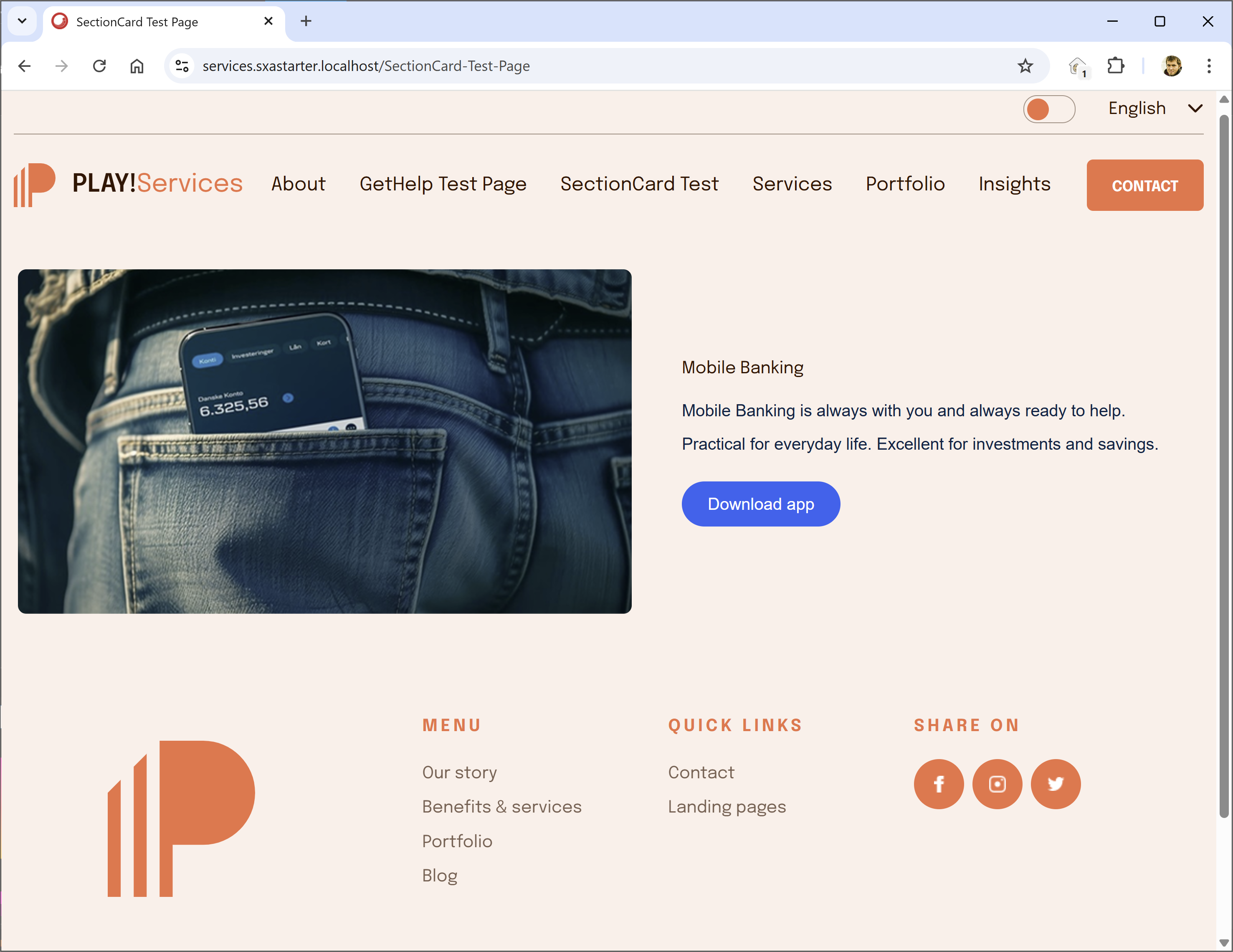 Sitecore test page with the new component added and displaying correctly